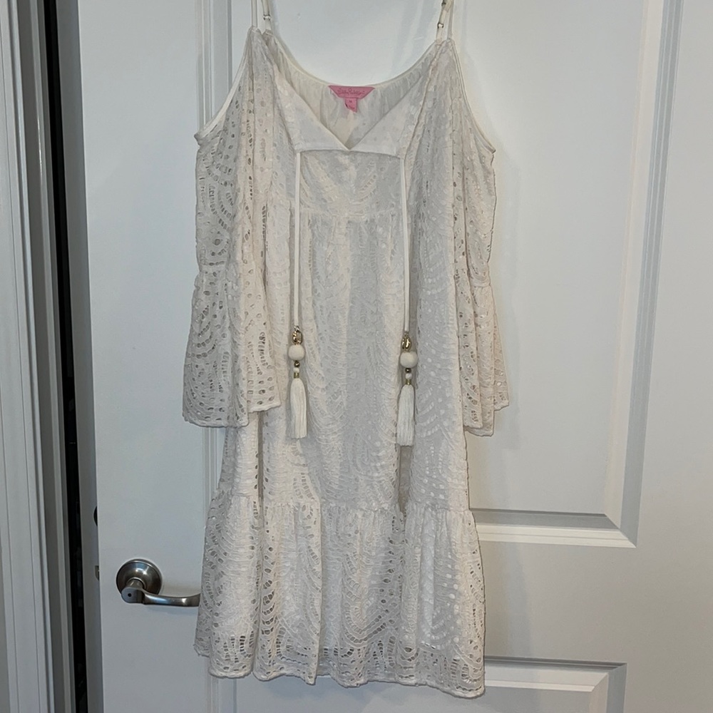 Lilly Pulitzer white eyelet strap dress with off the should sleeves